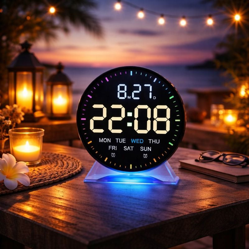 Ceas digital LED inteligent cu calendar complet alarma si iluminare ambientala, 12cm