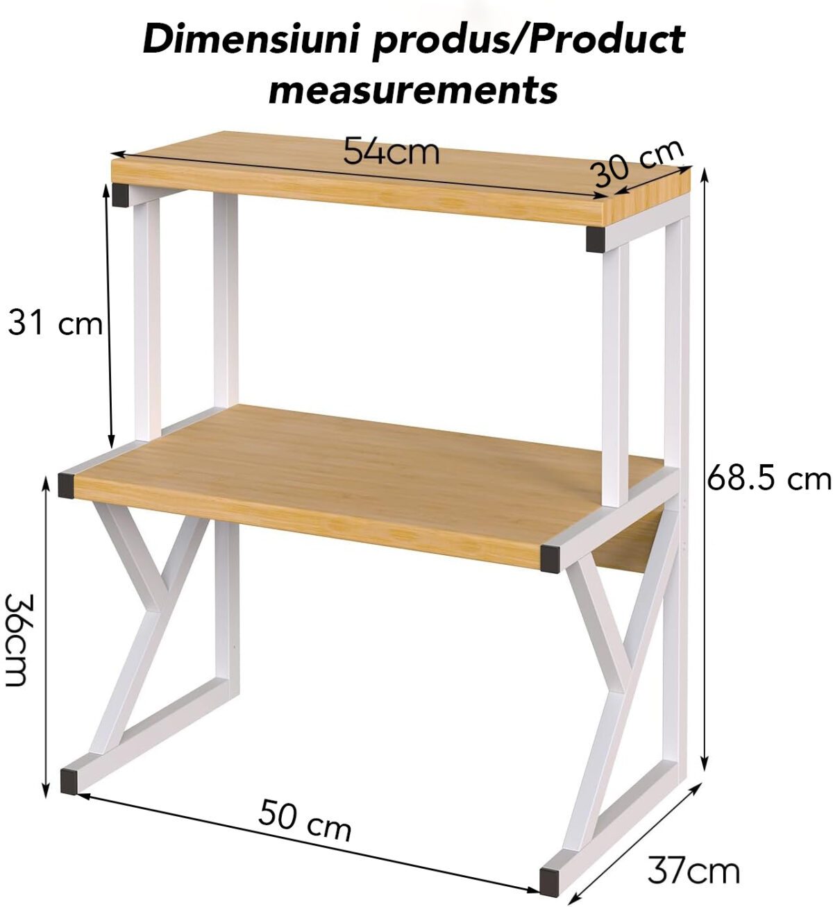 Raft Universal Bucatarie 2 Nivele Lemn si Metal – Suport pentru Cuptorul cu Microunde 68.5x54x37cm