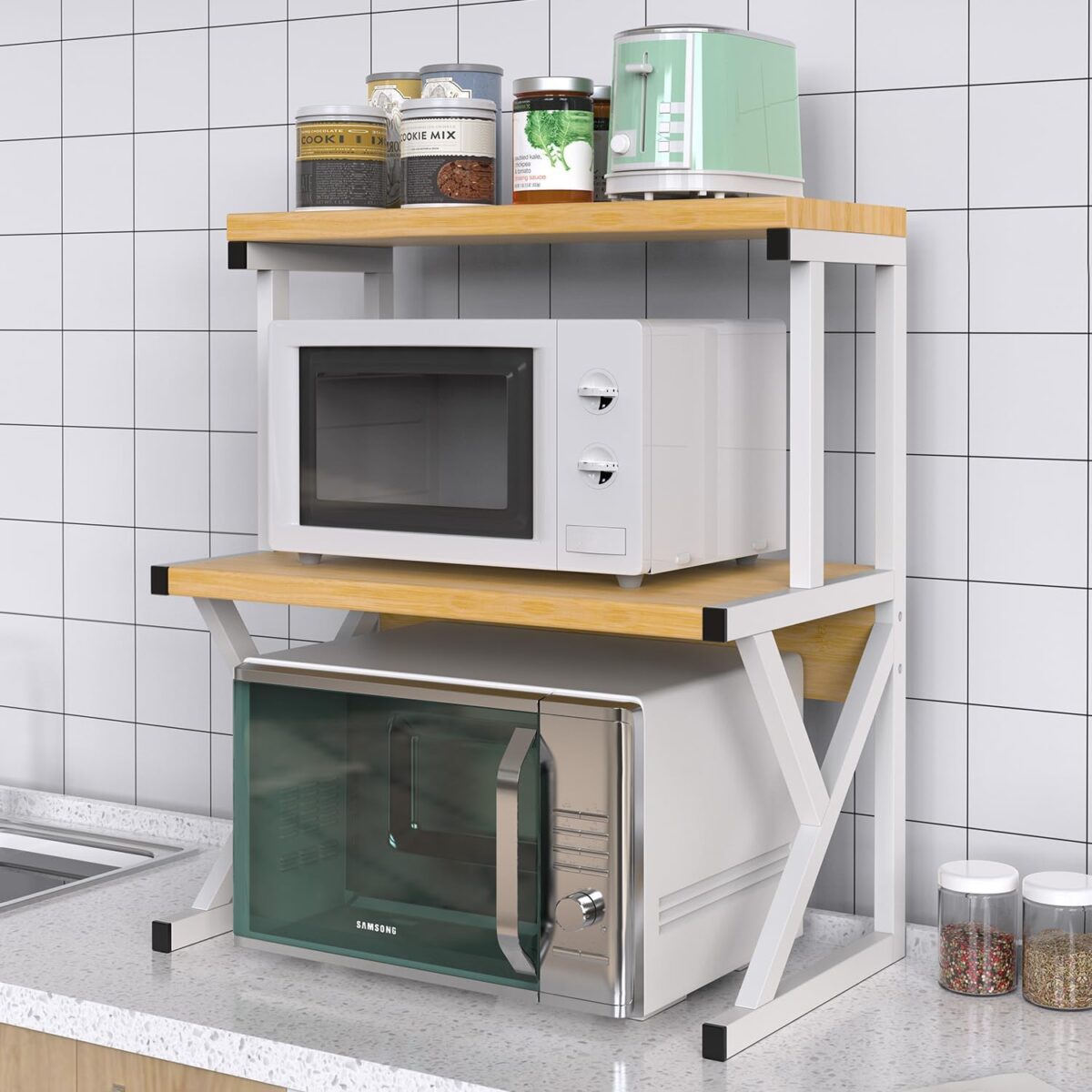 Raft Universal Bucatarie 2 Nivele Lemn si Metal – Suport pentru Cuptorul cu Microunde 68.5x54x37cm