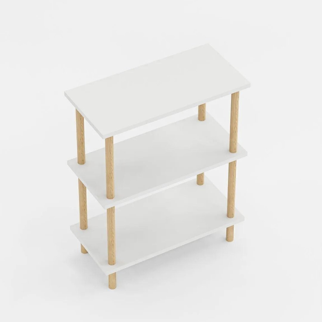 Etajera decorativa cu 3 rafturi si picioare din lemn – ideala ca biblioteca sau masuta laterala