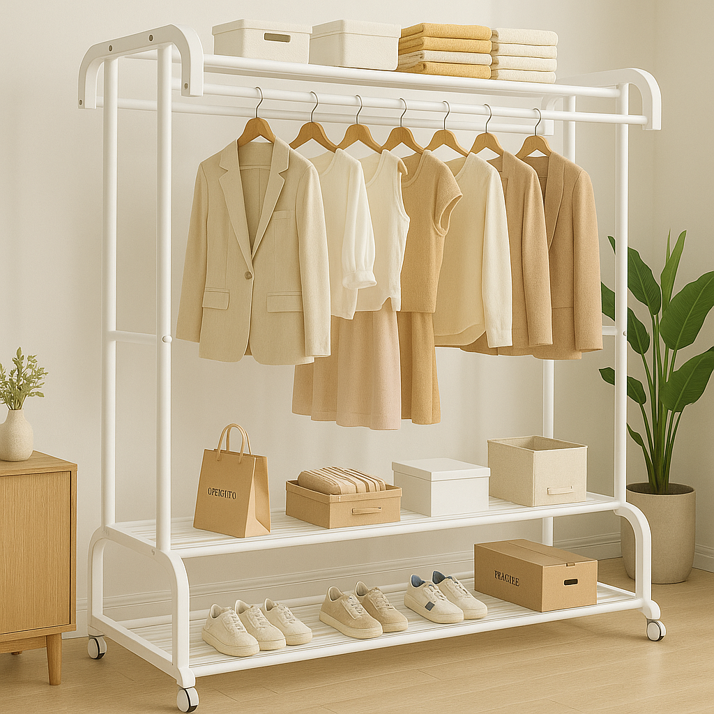 Suport dublu de umerase pentru haine, cu 2 suporti de pantofi, din metal, cu raft depozitare deasupra – 70KG greutate maxima, 150 x 110 x 50cm