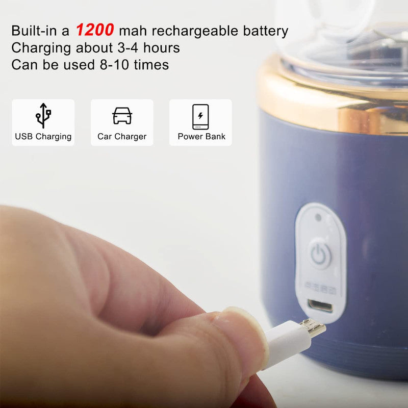 Mini Blender Portabil Electric, Cu Acumulator, 2 Recipiente, 6 Lame 3D, 300 ml, 40W, Capac Inclus, Albastru