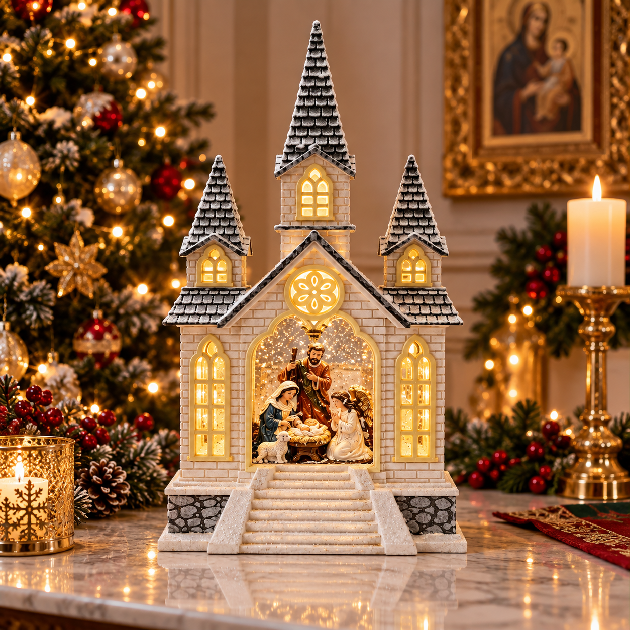 Decoratiune de Craciun Felinar Led Biserica Nasterea Domnului Muzical XL 41cm - detaliu produs
