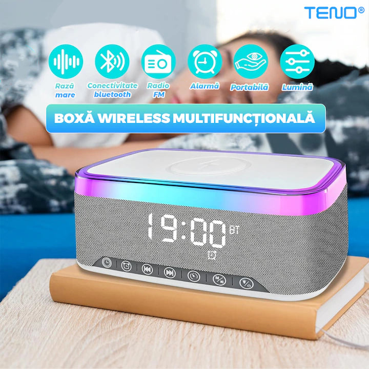 Ceas Digital 6in1 cu Incarcare Wireless 15W Boxa Bluetooth Lampa LED Radio FM - imagine principala