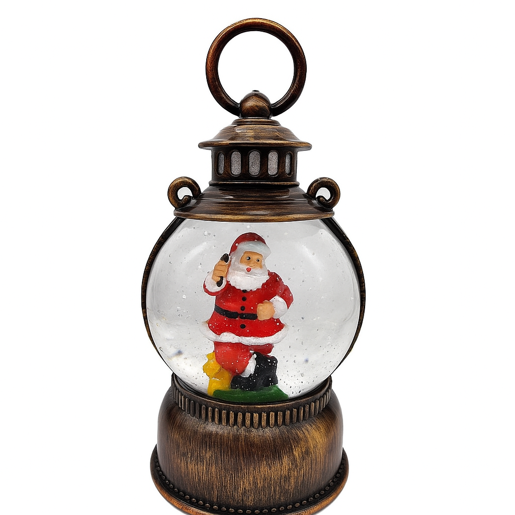 Felinar decorativ de Craciun cu Mos Craciun – cu efect de ninsoare si lumina calda