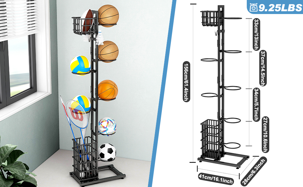 Raft de depozitare multifuncțional pentru echipamente sportive cu 7 rafturi, carlige si cos