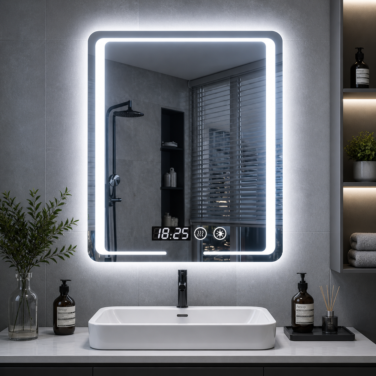 Oglinda led premium 80x60, cu touch, ceas, dezaburire si lumina reglabila