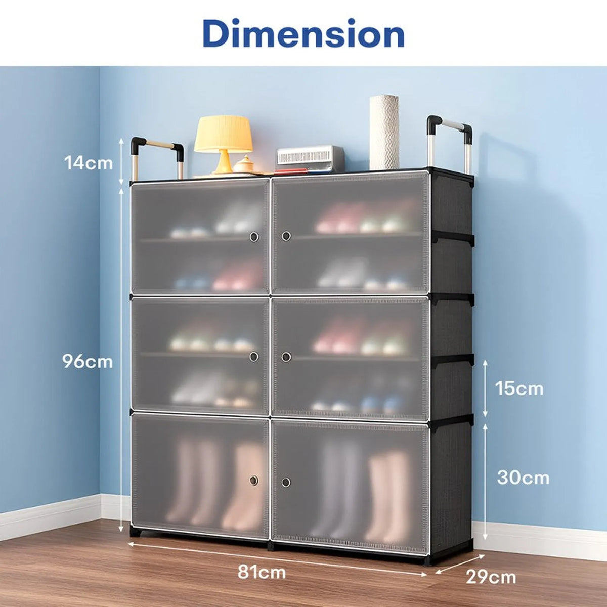 Pantofar Modular cu 6 Compartimente, 81 × 29 × 96 cm, Uși Magnetice Semitransparente, Structură Metalică, Negru/Gri - imagine principala