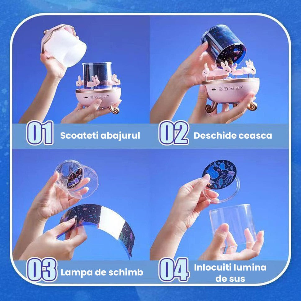 Carusel iepurasi cu proiectie stelara si rotire 360° – lampa veghe copii, 12 de moduri de lumina