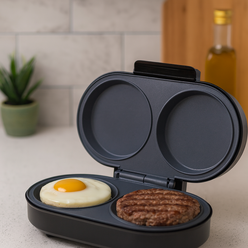 Aparat electric pentru burgeri/omleta/waffles/sandwich, RAF R245, 850 W, 28x23x16 cm, negru