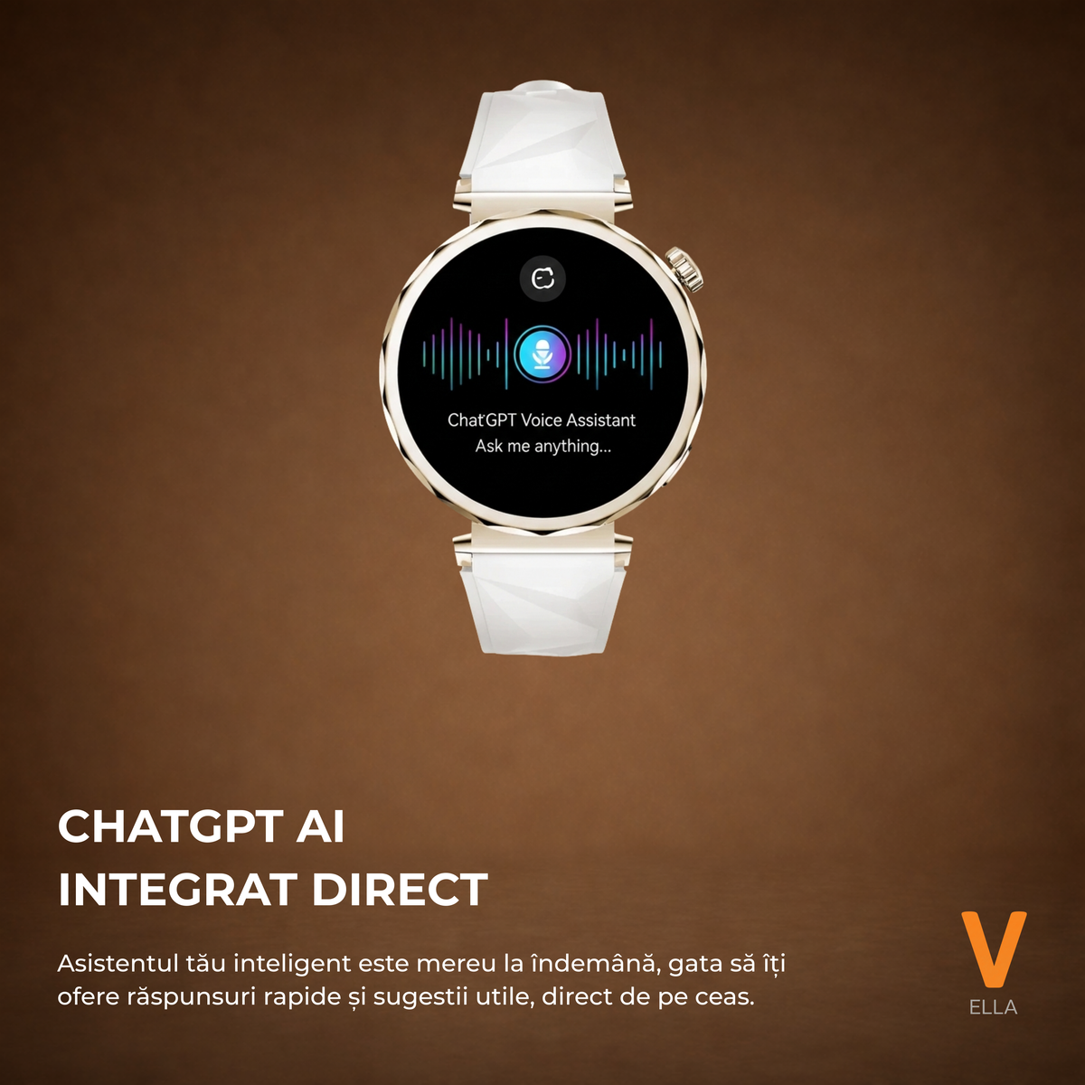 Ceas Smartwatch Dama ELLA Vivendo®, Ecran AMOLED 1.32", Fitness, Apel Bluetooth, Notificari Limba Romana, Asistent Vocal & ChatGPT AI, Incarcare Wireless, Rezistent Apa IP68, 2 Curele Incluse