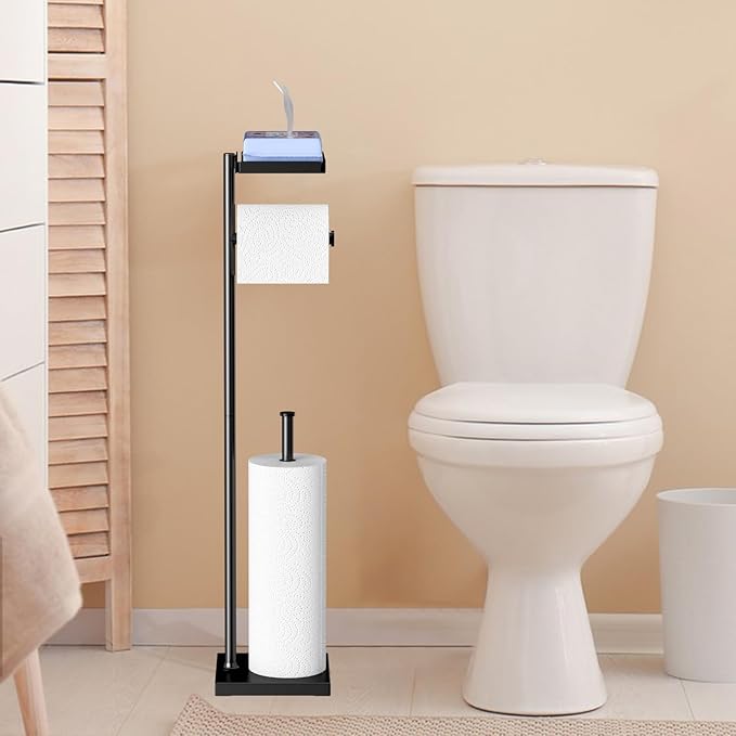 Suport metalic pentru hartia igienica cu polita pentru accesorii, 2 spatii de stocare hartie igienica, 72 cm, negru