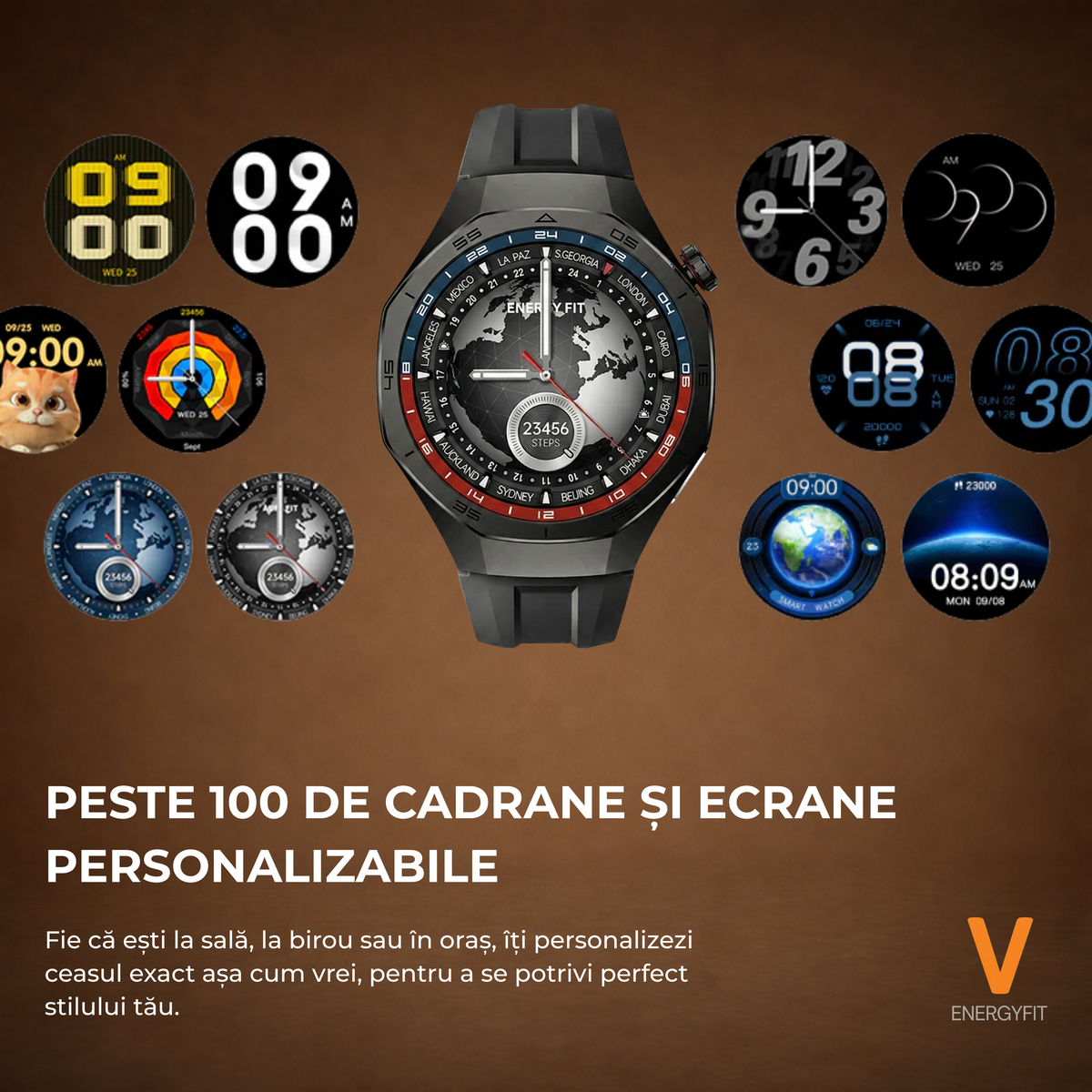 Ceas Smartwatch ENERGYFIT, Ecran AMOLED 1.43", Apel Bluetooth, ChatGPT AI, Notificari Romana, Fitness, Sport, Rezistent Apa 5ATM, Incarcare Wireless, 2 Curele, Negru