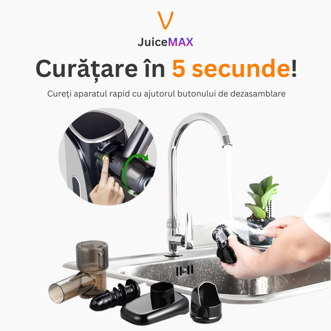 Storcator Multifunctional JuiceMAX cu Presare la Rece – Motor DC 150W, 110 RPM, Corp Inox, Functie Reverse, pentru Fructe, Legume si Frunze Verzi