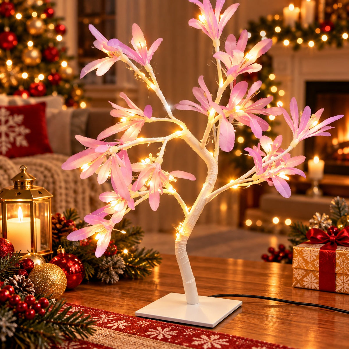 Pom Decorativ LED cu Flori, Ramuri Flexibile, Timer și Alimentare USB/Baterii – 44 cm - detaliu produs