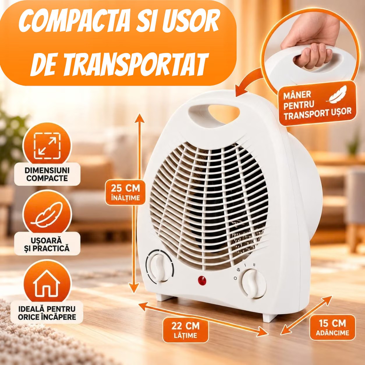 Aeroterma Ertone ERT-265AB 2 Trepte Putere 1800-2100W Termostat Alb - detaliu produs