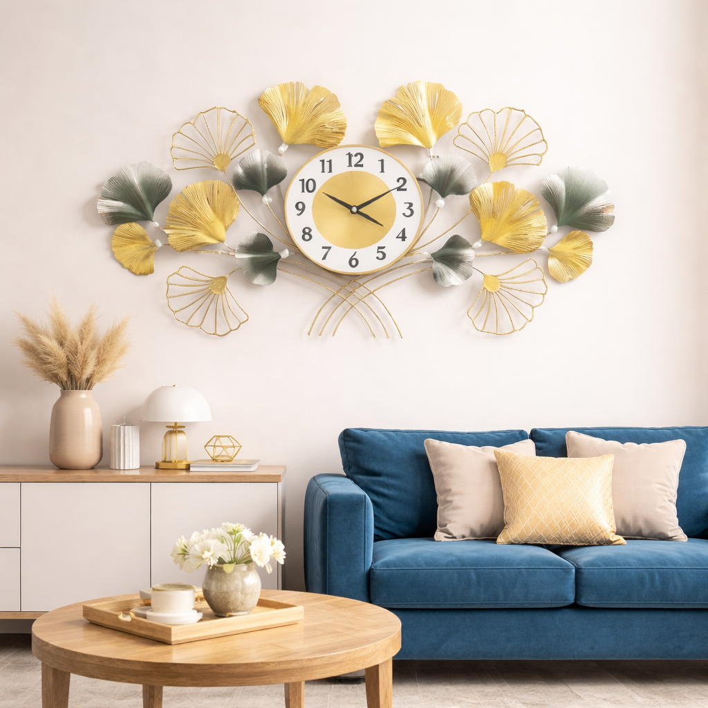 Ceas Decorativ de Perete, Design Floral Modern, Metal Auriu si Gri-Verzui, 90 x 45 cm