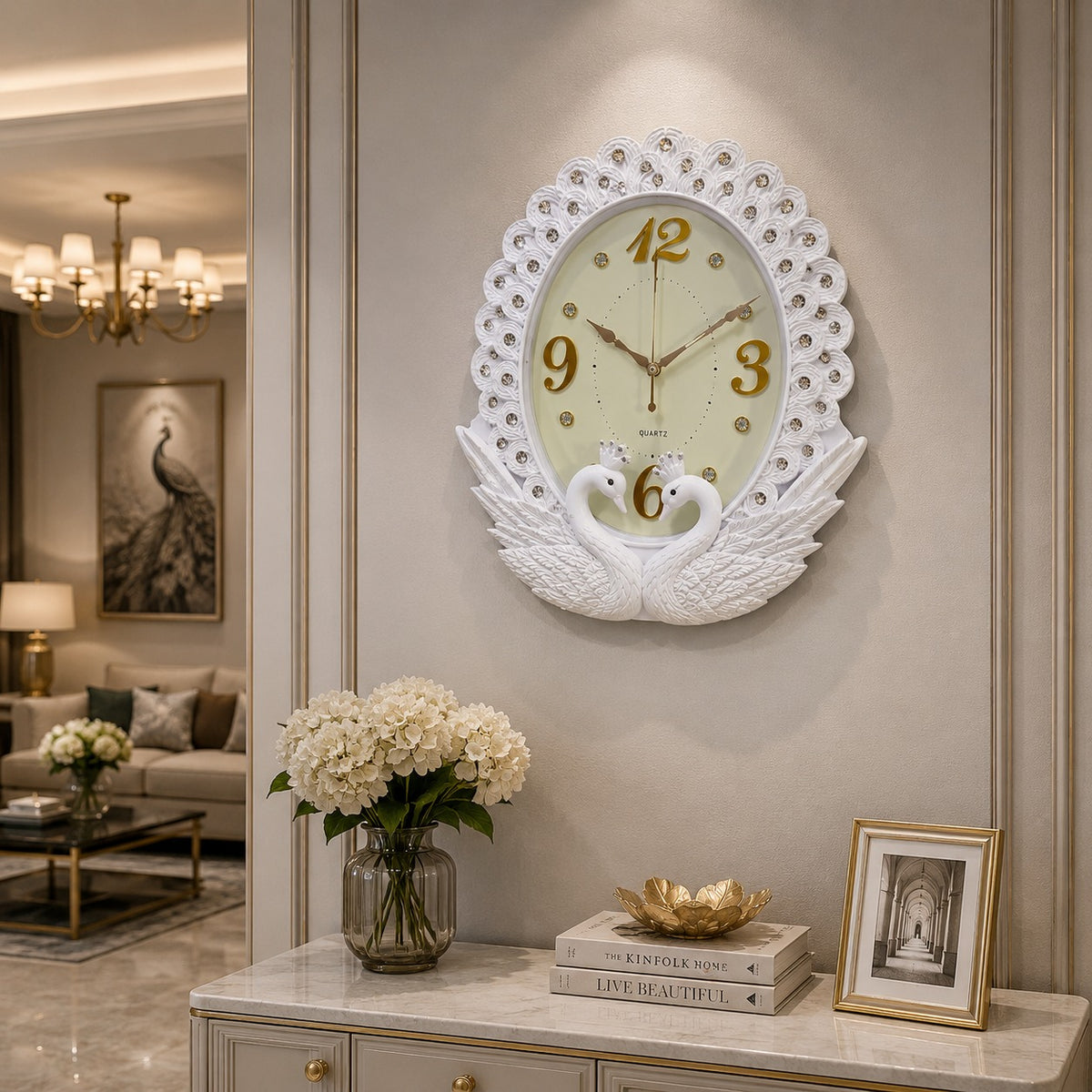 Ceas de Perete Paun Lumora Design Clasic Cifre Aurii Diametru 30cm - detaliu produs