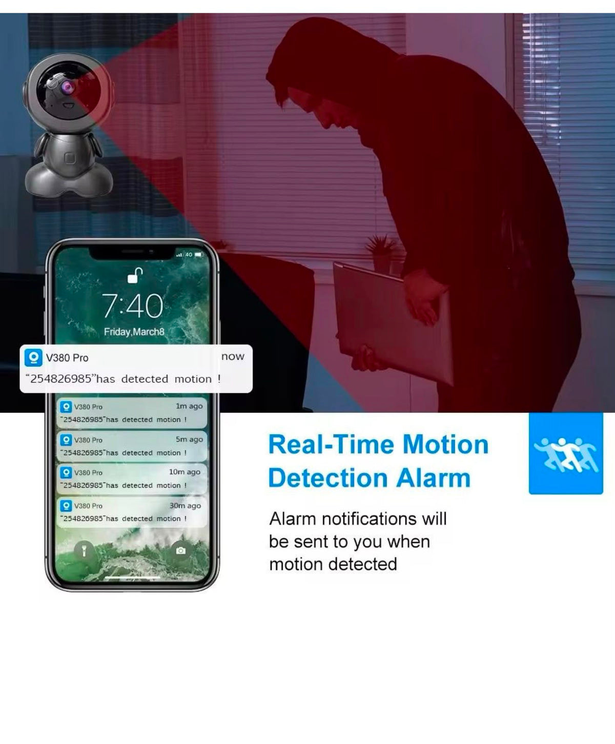 Camera de Supraveghere Robot WIFI 3MP Full HD 1080P Babymonitor Vedere Nocturna Rotire 355° - detaliu produs