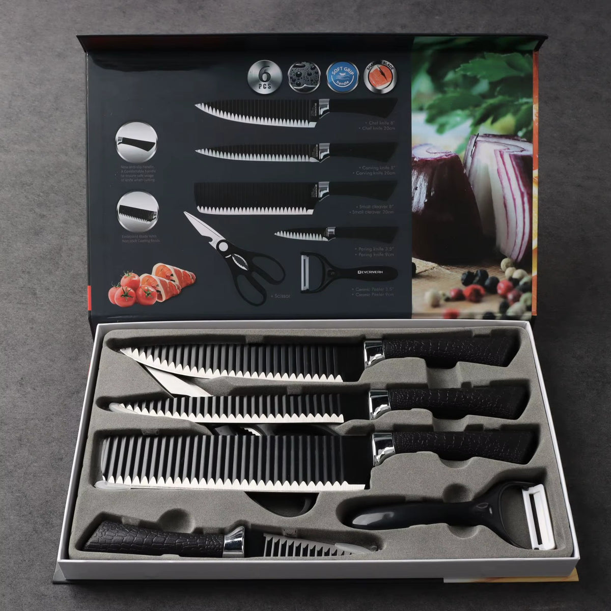 Set cuțite de bucătărie 6 piese – cuțite negre, foarfecă și curățător - detaliu produs