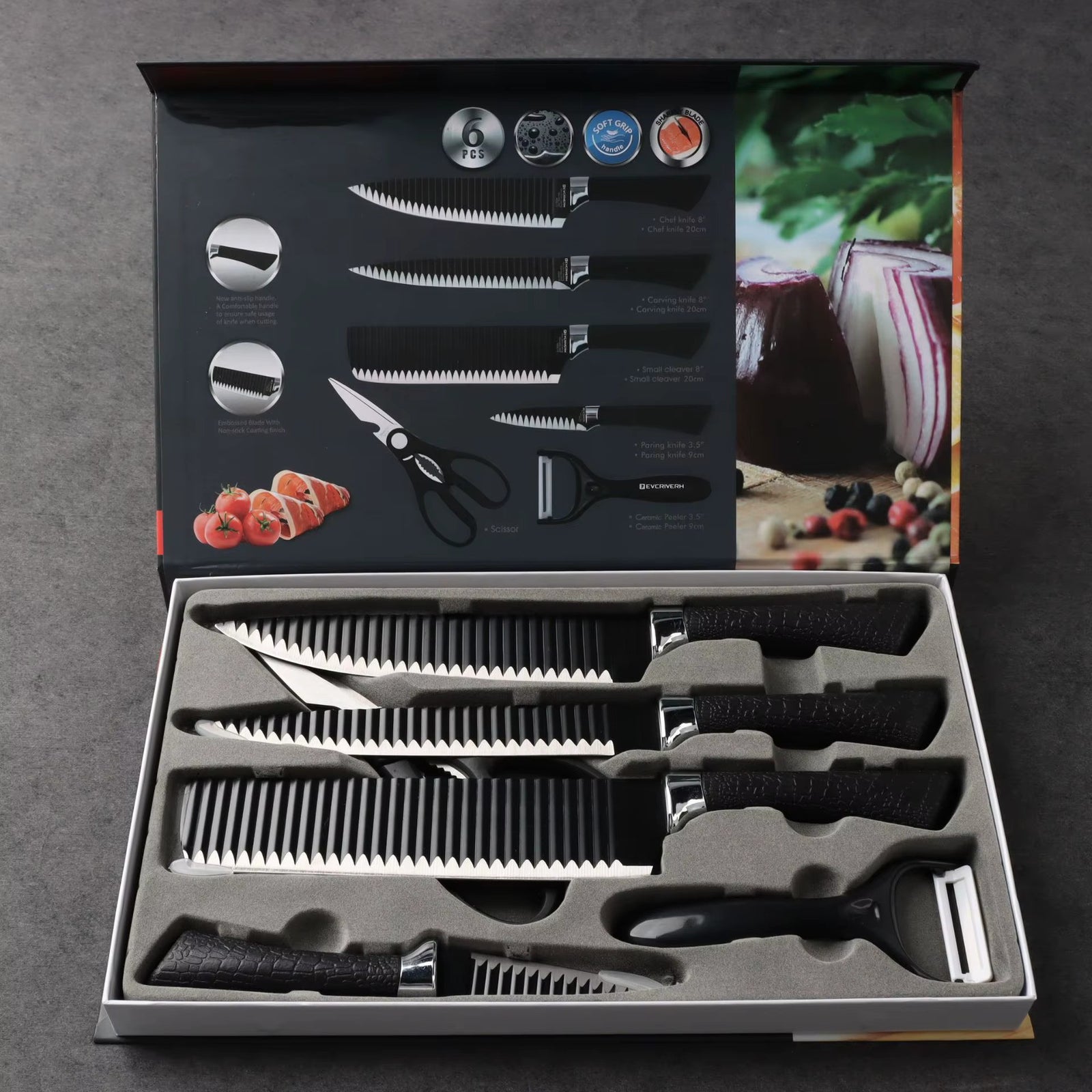 Set cuțite de bucătărie 6 piese – cuțite negre, foarfecă și curățător - detaliu produs