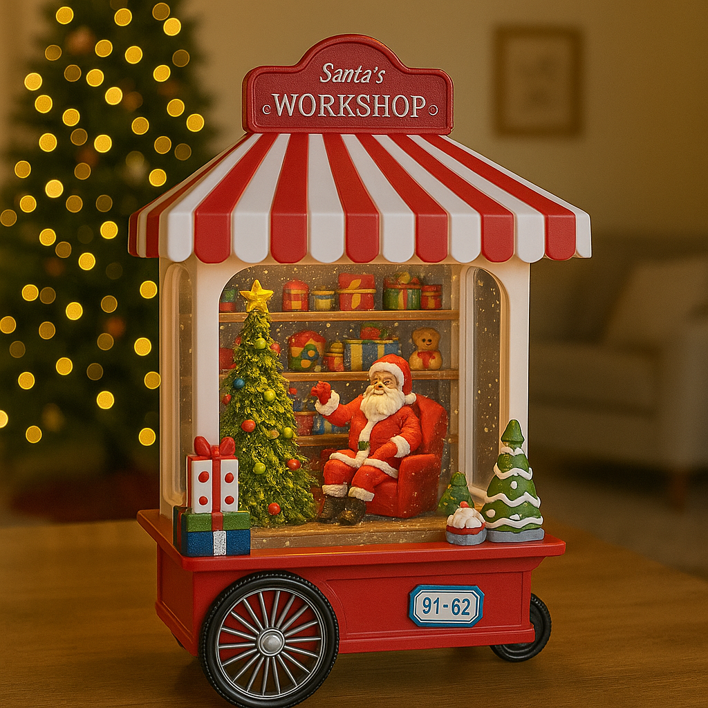 Glob de zapada muzical cu Mos Craciun in magazinul de dulciuri – cu lumini, efect de ninsoare si 8 melodii de Craciun