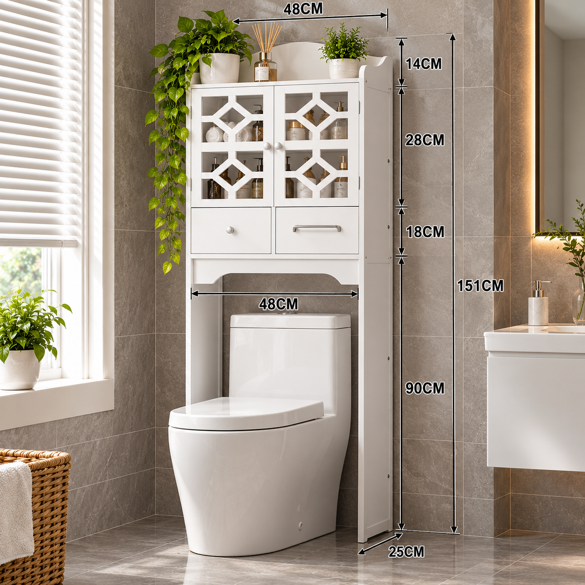 Dulap Organizator pentru Baie din PVC, cu Rafturi, 2 Uși și Sertar – Etajeră de Depozitare deasupra Vasului WC, Alb, 151 x 48 cm - detaliu produs