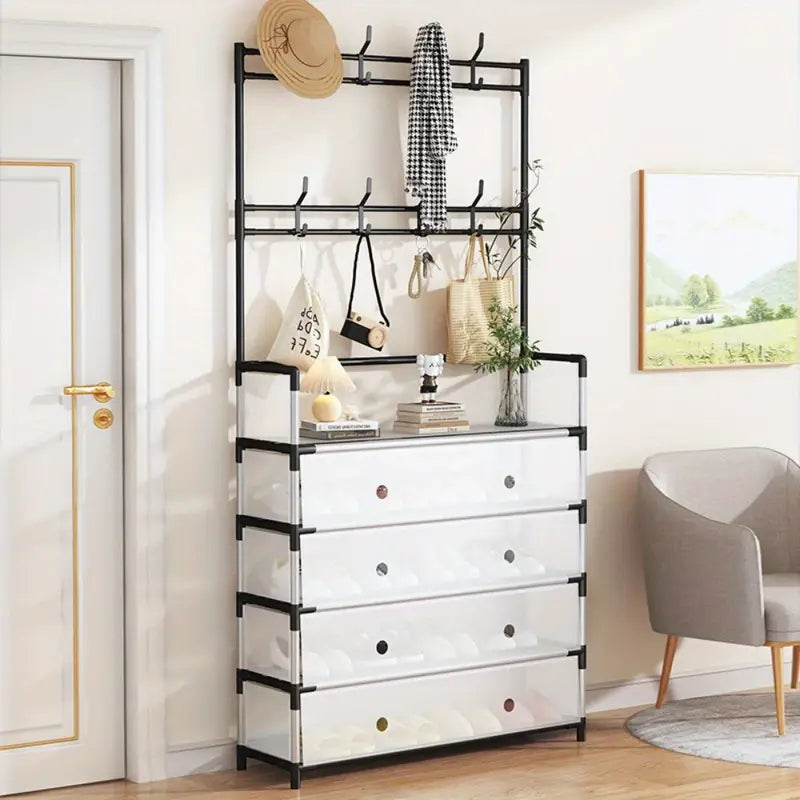 Cuier cu raft pantofi pe 4 niveluri si 8 carlige duble, suport haine si incaltaminte  pentru hol