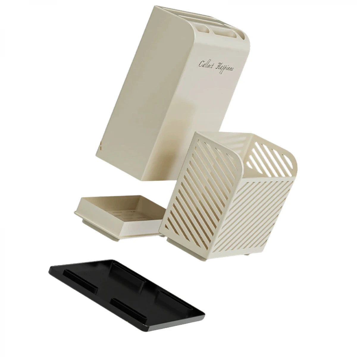 Suport ustensile bucatarie, recipient cutite, 3 compartimente, plastic, 21 x 16 x 15 cm, alb