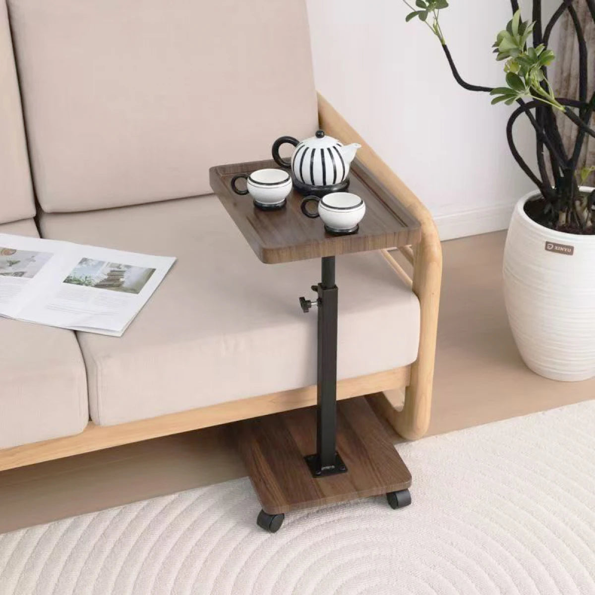 Masuta portabila pentru cafea, 2 blaturi MDF, inaltime ajustabila 45-80 cm, blat superior 40 x 30 cm, maro