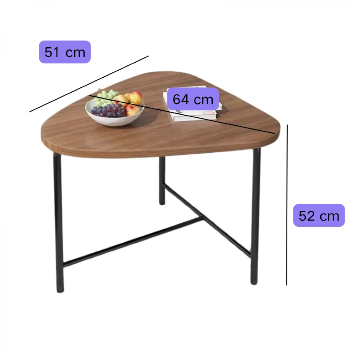 Masuta triunghiulara pentru cafea, blat MDF, cadru metalic, 64 x 52 x 51 cm, natur cu negru