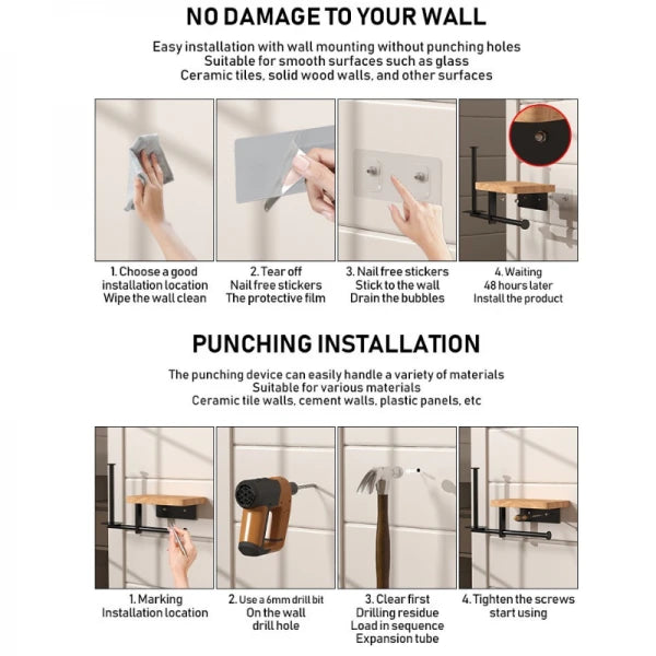 Suport multifunctional pentru hartia igienica din otel si lemn, 2 moduri de montare, negru