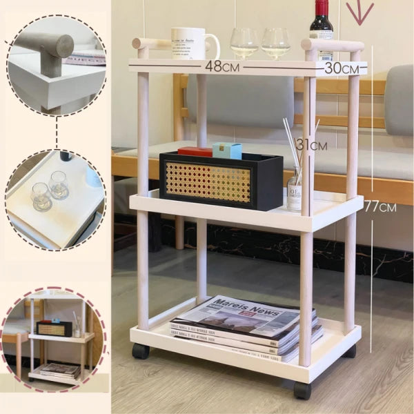 Raft mobil cu 3 polite si 4 roti rotative, suporturi din lemn natural, alb