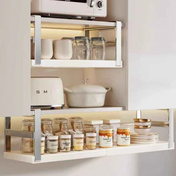 Raft suspendat pentru condimente – extensibil si rezistent,  45.5-62.5 x 22 x 16.5 cm, alb cu argintiu