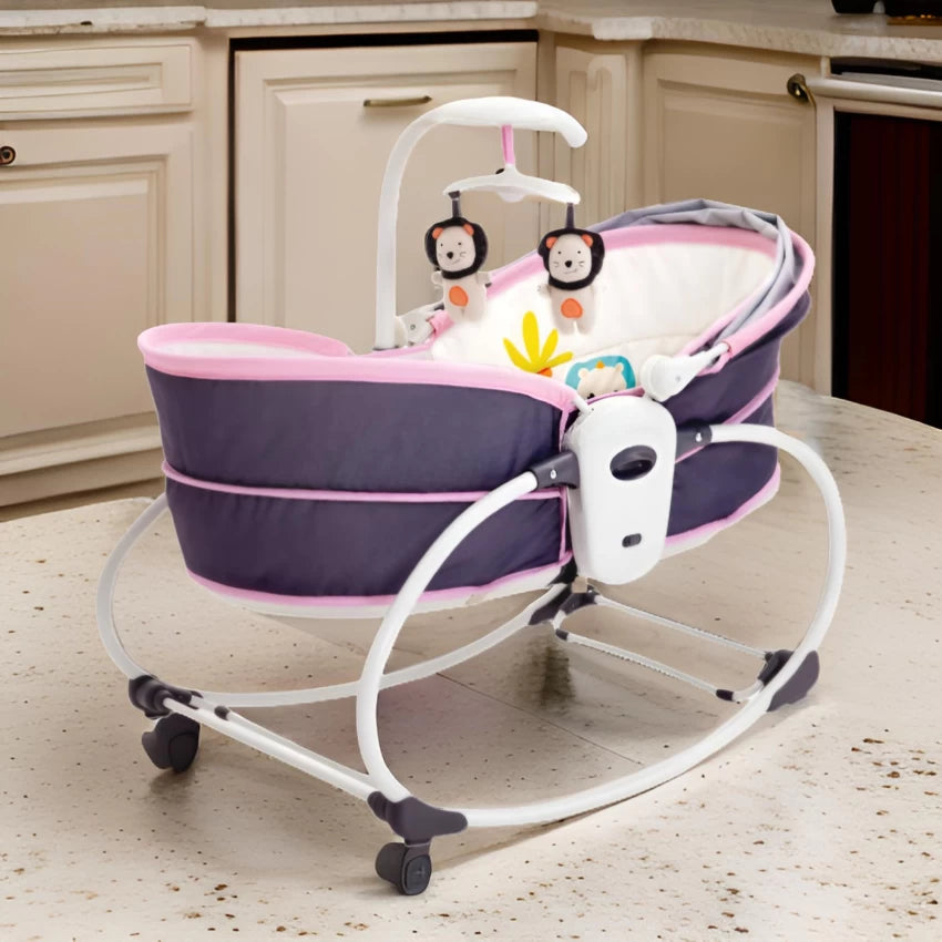 Balansoar 5 in 1 cu vibratii pentru copii si bebelusi, transformabil in landou si scaun copii, cu melodii, Mov