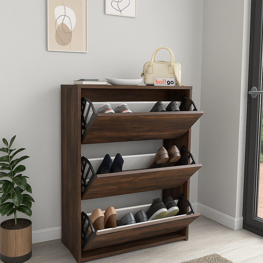 Pantofar cu usa rabatabila si rafturi glisante, 3 compartimente, PAL melaminat de 18 mm, 110  x 73,5  x 22 cm