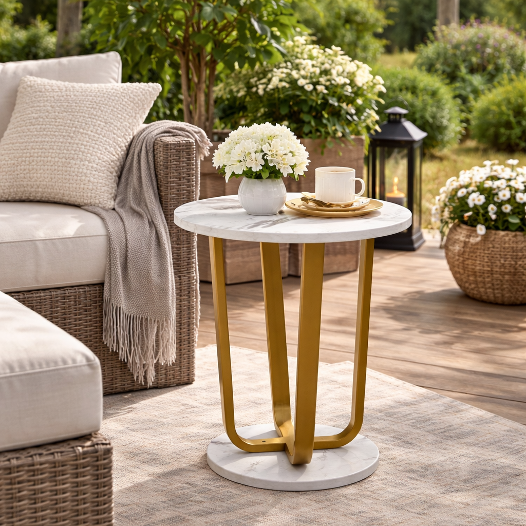 RESIGILAT - Masuta rotunda, blat efect marmura, cadru metalic auriu, design modern, 40x55 cm