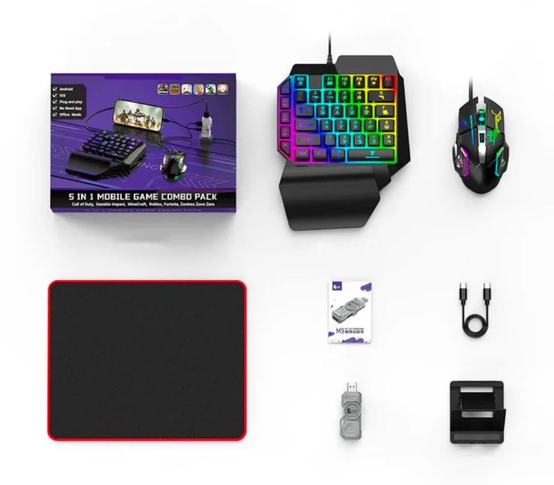 Set Gaming telefon complet 5 in 1 cu tastatura Iluminata RGB, emulator jocuri telefon, mouse gaming, suport telefon Inclus, mouse pad Inclus, Wireless, cu inteligent Spray control, compatibil Android