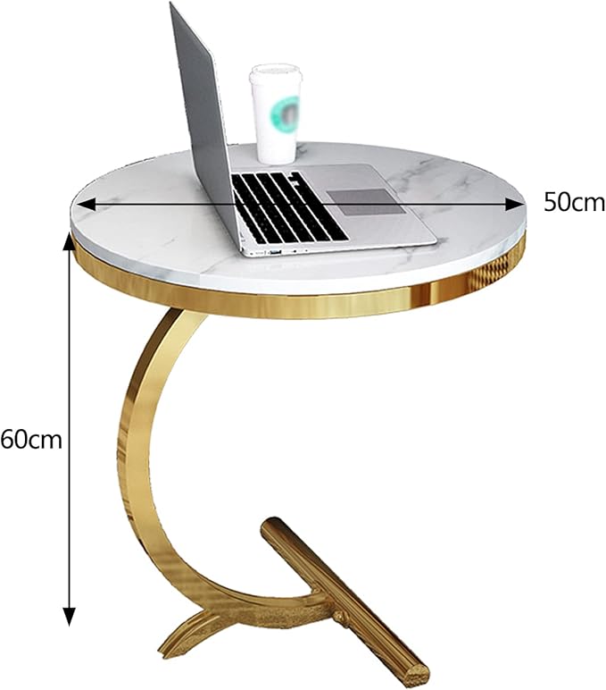 Masa laterala rotunda din otel inoxidabil auriu – stil nordic, model marmura alba 50 x60 cm