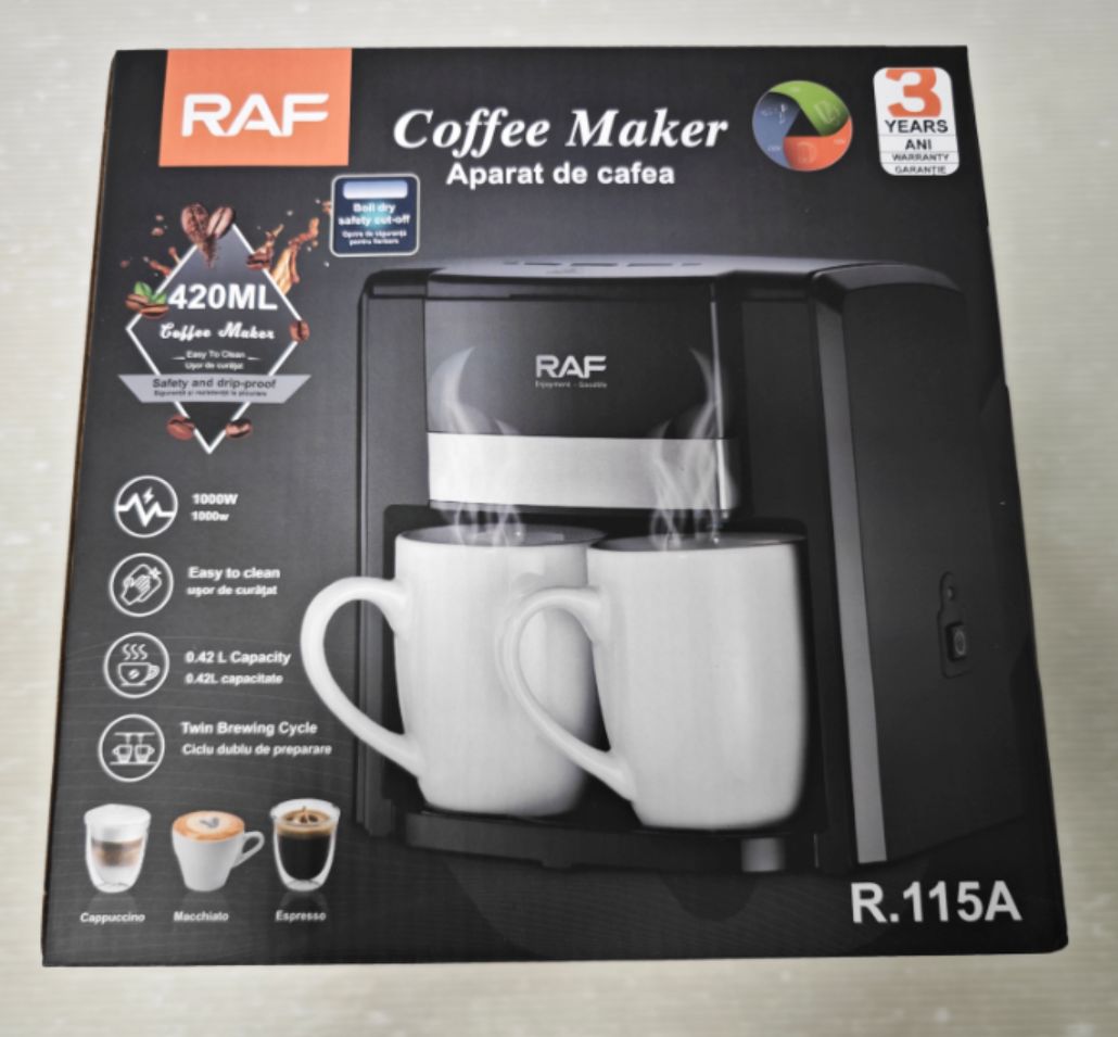 Aparat de cafea RAF 1000W cu 2 cani ceramice si lingura de masurare incluse, 420ml