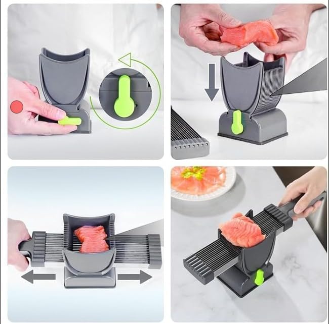 Feliator Profesional pentru Carne cu Lame Multiple din Inox Alimentar si Grosime Ajustabila (2-4mm) – Ideal pentru Tartar, Fasii, Felii si Cuburi de Carne