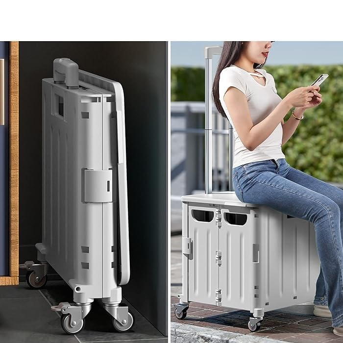 Carucior de cumparaturi pliabil 30L cu maner telescopic și roti, 39x35x48cm, Alb