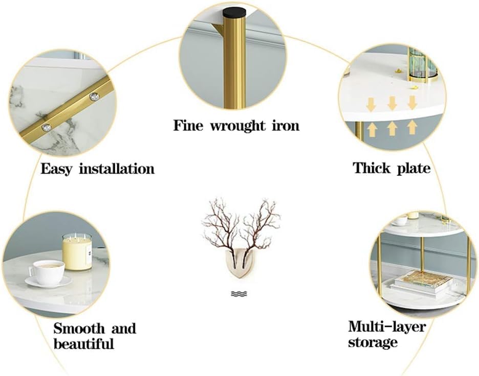 Masuta rotunda cu blat tip marmura si raft pentru depozitare, picioare aurii, design modern 40 x 40 x 43 cm – Alb