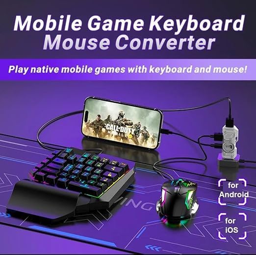 Set Gaming telefon complet 5 in 1 cu tastatura Iluminata RGB, emulator jocuri telefon, mouse gaming, suport telefon Inclus, mouse pad Inclus, Wireless, cu inteligent Spray control, compatibil Android
