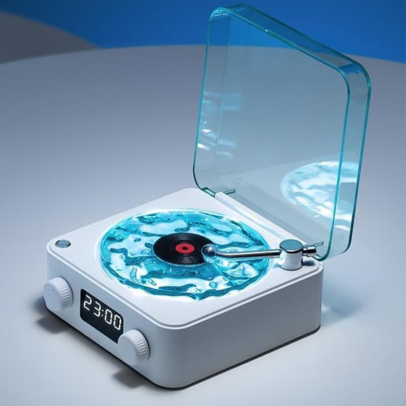 Boxa Portabila Vintage model Vinyl Timebox, cu Lumini, Proiectii de valuri si Timp Reglabil pentru Dormitor si Petreceri, Lampa de veghe tip proiector, AUX, Bluetooth, Card TF, Sunet Surround 360°, Alb