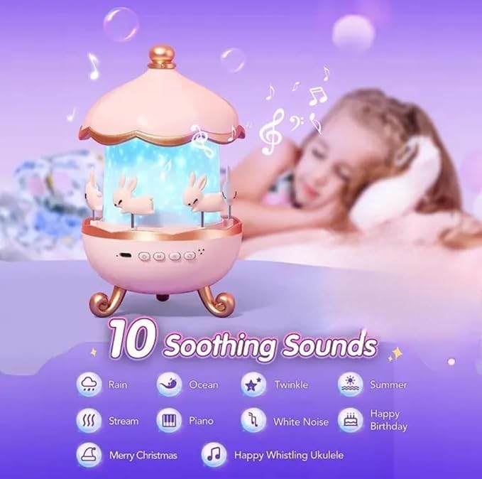 Carusel iepurasi cu proiectie stelara si rotire 360° – lampa veghe copii, 12 de moduri de lumina