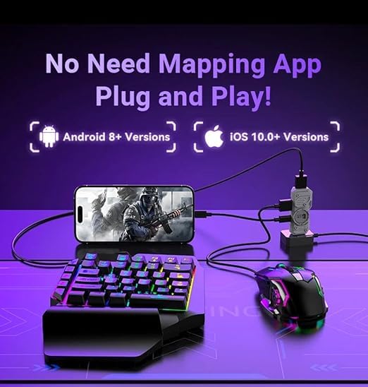 Set Gaming telefon complet 5 in 1 cu tastatura Iluminata RGB, emulator jocuri telefon, mouse gaming, suport telefon Inclus, mouse pad Inclus, Wireless, cu inteligent Spray control, compatibil Android