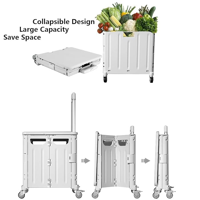 Carucior de cumparaturi pliabil 30L cu maner telescopic și roti, 39x35x48cm, Alb