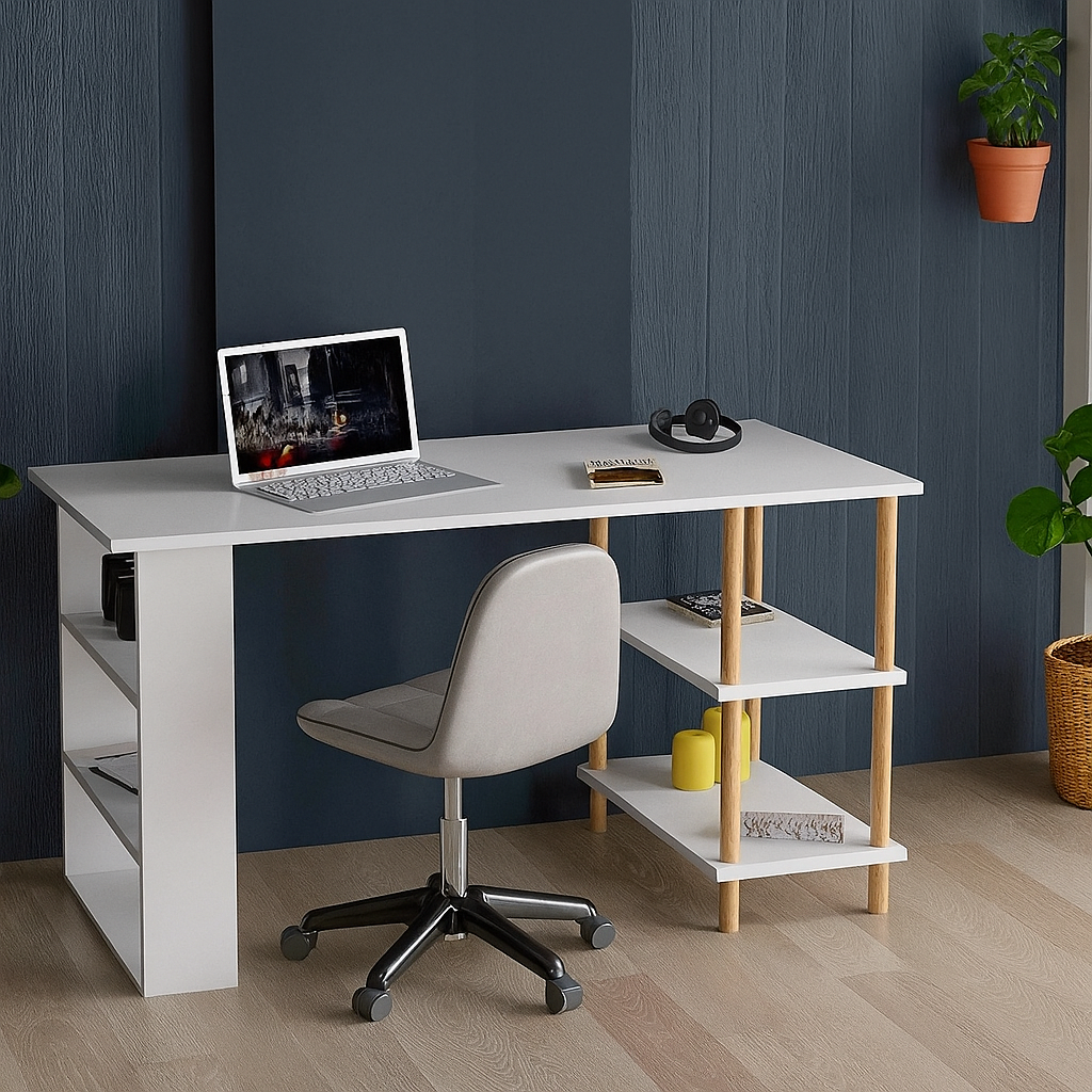 Birou de studiu cu raft dublu, MDF si lemn masiv, 120x60 cm