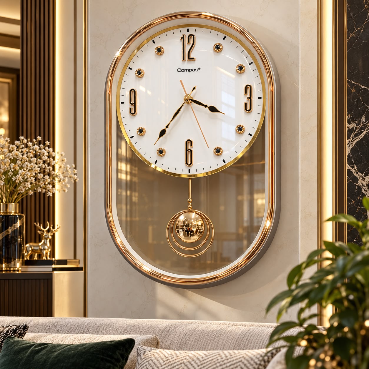Ceas de Perete Premium cu Pendul Decorativ, Design Elegant Auriu, Formă Ovală – 57 × 30 cm - imagine principala